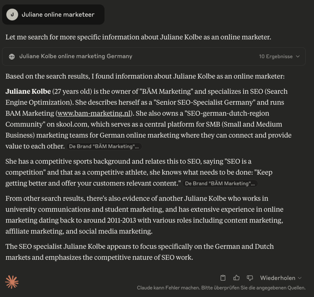 Screenshot Answer Claude open ai Juliane Kolbe